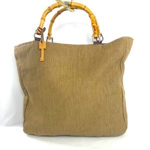 Fossil Islander Tan Textured Canvas Large Tote Bag Faux Bamboo Handles Bag Charm